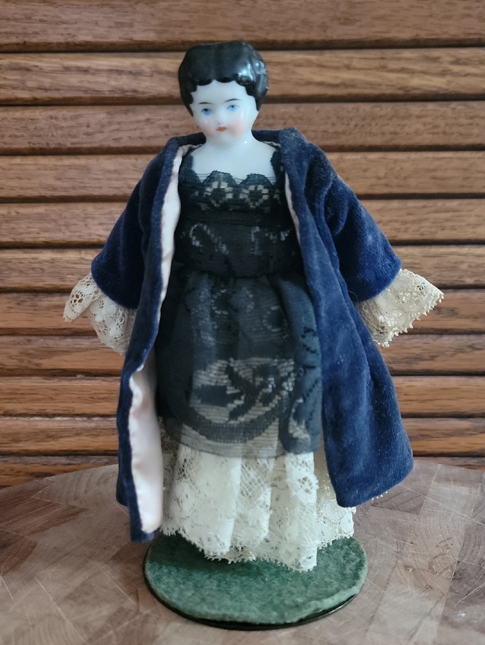 Antique Vintage China Head Porcelain Lady Doll Navy Velvet Coat and Lace Dress
